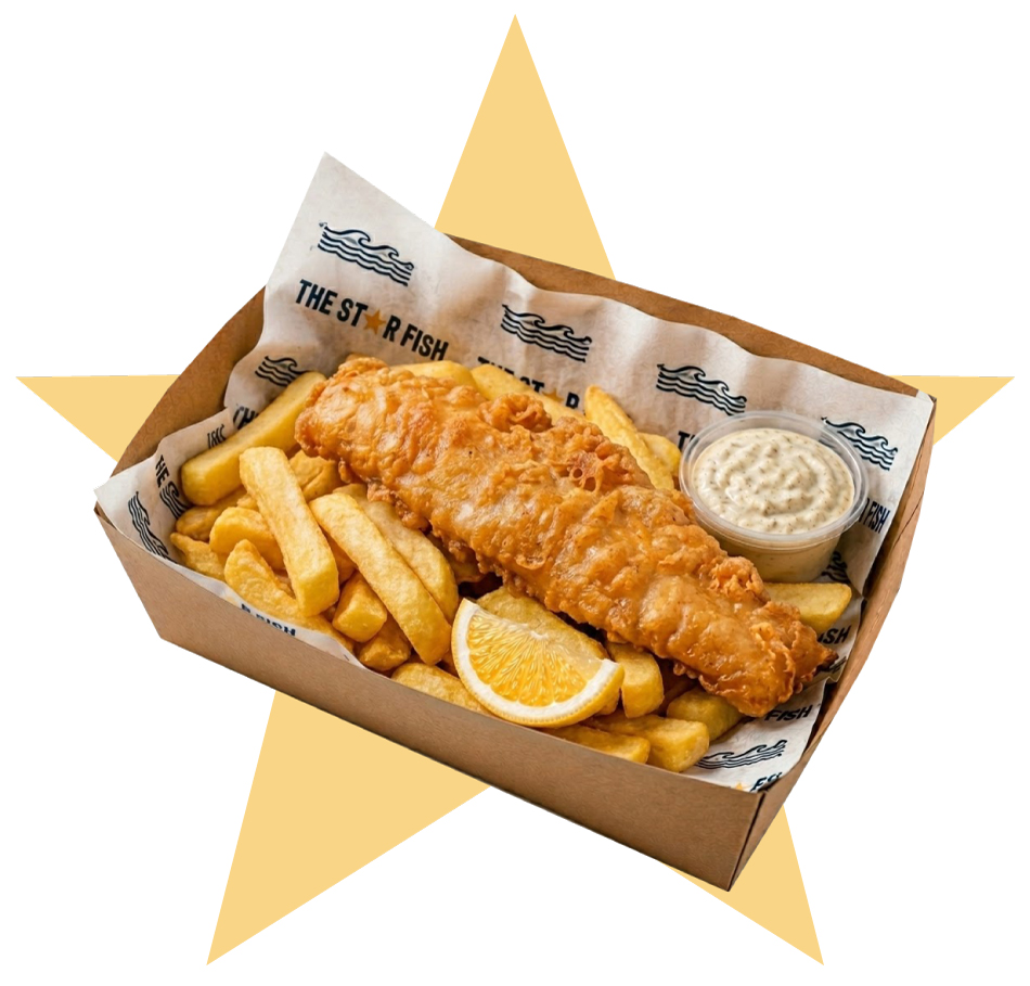 The Starfish boxed meal of fresh hake and chips at Wilson's Wharf.